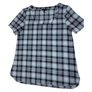 Banana Republic Plaid Scoop Neck Blouse Women's Small Short Sleeve Blue Career